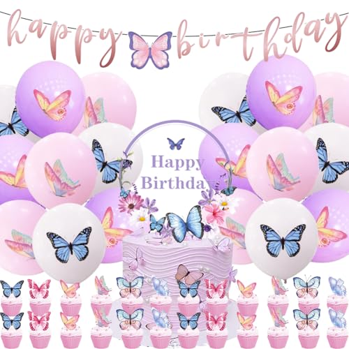 Schmetterling Luftballons , 44PCS Schmetterling Geburtstag Deko Set,Schmetterlinge Deko Geburtstag, Geburtstagsdeko Mädchen,Geburtstagskuchen Dekoration Partyzubehör von QYEHF