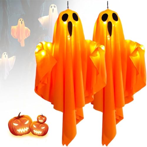 QYJLOFMVE Halloween Deko Geister, 2024 Neu 3-Fach Einstellbare Beleuchtung Hängende Geister mit Lichterketten, Batteriebetrieb für Vorgarten Patio Rasen, 50CM Halloween Party Dekoration von QYJLOFMVE