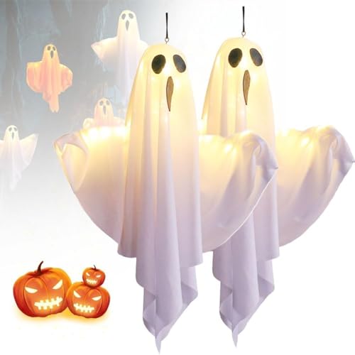 QYJLOFMVE Halloween Deko Geister, 2024 Neu 3-Fach Einstellbare Beleuchtung Hängende Geister mit Lichterketten, Batteriebetrieb für Vorgarten Patio Rasen, 50CM Halloween Party Dekoration von QYJLOFMVE