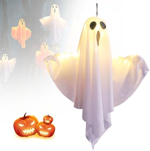 QYJLOFMVE Halloween Deko Geister, 2024 Neu 3-Fach Einstellbare Beleuchtung Hängende Geister mit Lichterketten, Batteriebetrieb für Vorgarten Patio Rasen, 50CM Halloween Party Dekoration von QYJLOFMVE