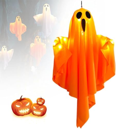 QYJLOFMVE Halloween Deko Geister, 2024 Neu 3-Fach Einstellbare Beleuchtung Hängende Geister mit Lichterketten, Batteriebetrieb für Vorgarten Patio Rasen, 50CM Halloween Party Dekoration von QYJLOFMVE