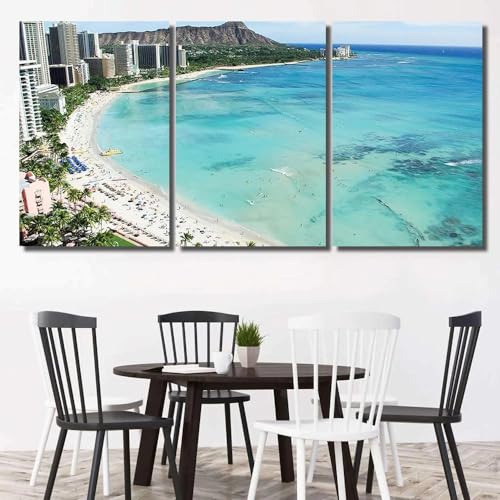 Leinwand Bilder,Poster, Kunstdrucke 3 Stück Waikiki Strand Diamond Head Honolulu Oahu Insel Hawaii Wandbilder Groß Painting Bilder 3 Teilig Wanddekoration Leinwandbilder Flur Deko Wohnzimmer Modern von QYYAMDEQ