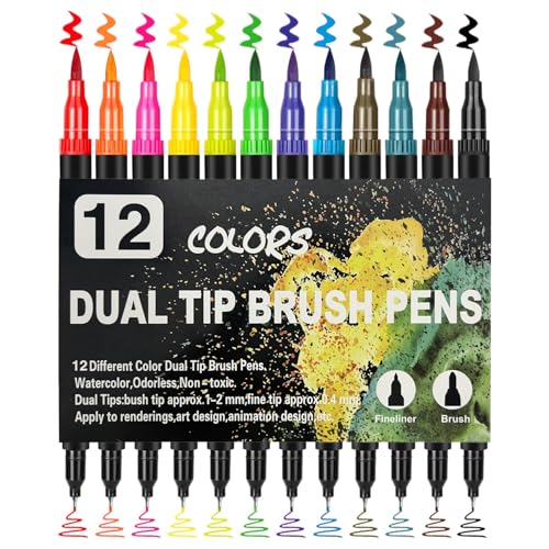 QZKJQDD Fineliner Set, 12 Farben Feine Spitze & Pinselspitze, Dual Brush Pinselmarker, Dual Brush Pen Set, Filzstifte Dicke und Dünne,für Erwachsene und Kinder–Zum Ausmalen, Zeichnen, DIY-Projekte von QZKJQDD