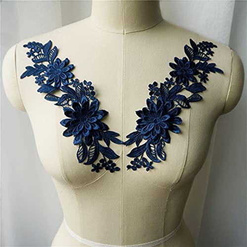 Spitzenapplikation,Blumen nähen, 2 Stück weiße, schwarze, rote, blaue 3D-Blumen-Stoffapplikationen, bestickter Kleiderkragen, for Aufnähen for Hochzeitsdekoration, Kleid(Navy Blue) von QZLNONTK