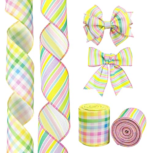 2 Rollen 6,3 cm Ostern Frühling Pastell Drahtband Plaid Stoffband Ostern Leinwand Band Horizontale Streifen Frühling Gingham Drahtband Dekorative Geschenkband für Ostern Party Basteln, 9,1 m von QZV