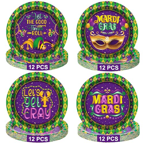 QZYL Mardi Gras Teller, 22,9 cm, Einweg-Pappteller, 4 karierte gestreifte Pappteller, violette Teller, Mardi Gras Tischdekorationen für Maskerade, Krebse, Party, 48 Stück von QZYL