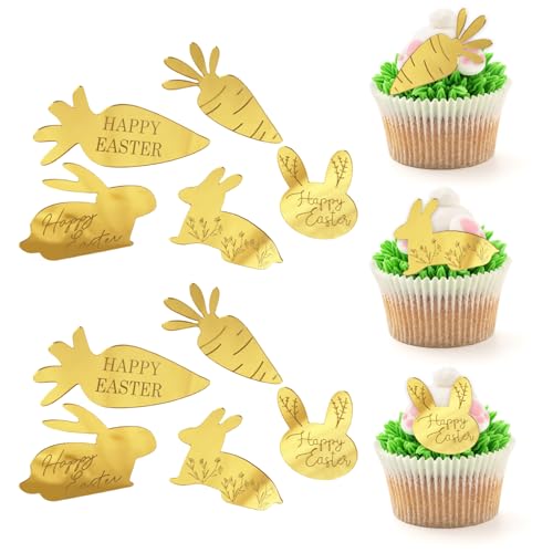 10 x Oster-Cupcake-Topper, Acryl, goldfarben, Karotten-Hase, Cupcake-Topper, Oster-Kuchenaufsatz für Ostern, Party, Cupcake-Dekoration von Qaziuy