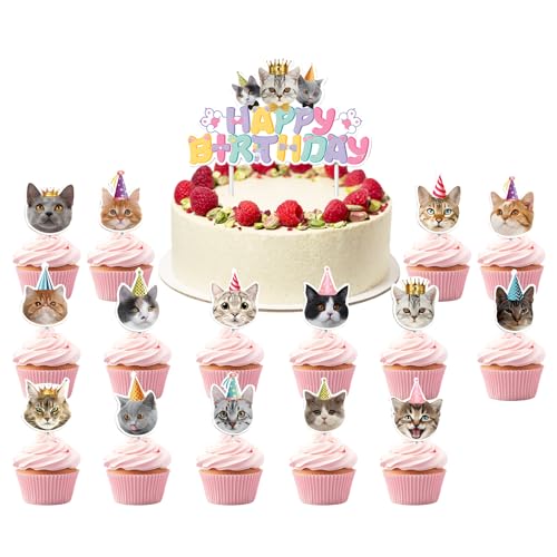 16 Stück Katze Geburtstag Katzen Cupcake Topper,Katzen Muffin Deko Tortendeko Katze, Katzen Deko Geburtstag für Katze Geburtstag Party Decorations Katze Partyzubehör von Qaziuy