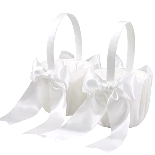 2Pcs Blumenmädchen Korb, Romantischer Blumenmädchen mit Schleife, Satiniert Blumenkörbchen Hochzeit von Qaziuy