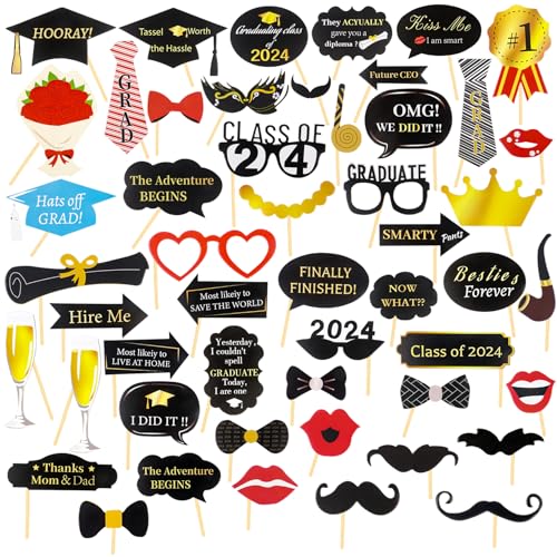 50 Stück Abschlussfeiern Photo Booth Props, Abschlussfoto Requisiten Fotobox Zubehör Abschlussbrille Lippen Krawatte für ABI 2024 Abschluss Deko Graduation Deko von Qaziuy