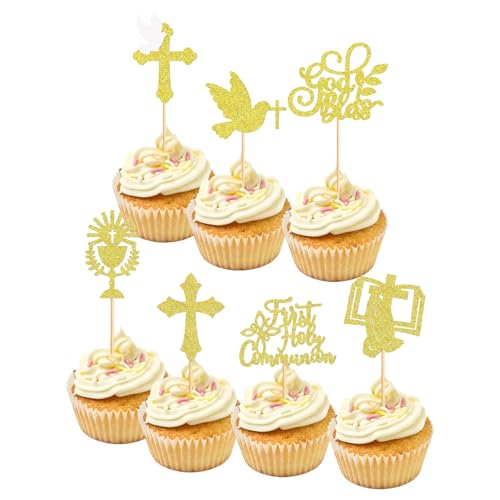 Cupcake-Topper für die Erstkommunion, 24 Stück, glitzernde Tortenaufsätze, Motiv: Gott Segen, Tauben-Kreuz, Cupcake-Picks, Kommunion, Dekoration für Erstkommunion von Qaziuy