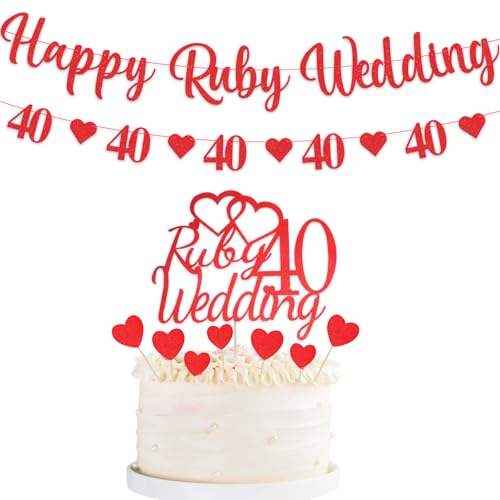Dekorationen zum 40. Hochzeitstag, "Happy Rubinhochzeit", 25 Stück, Kuchendekoration zum 40. Hochzeitstag, mit rotem Herz, Wimpelkette, Glitzer-Herz, Kuchendekoration Dekorationen zum 40. Hochzeitstag, "Happy Rubinhochzeit", 25 Stück, Kuchendekoration zum 40. Hochzeitstag, mit rotem Herz, Wimpelkette, Glitzer-Herz, Kuchendekoration von Qaziuy