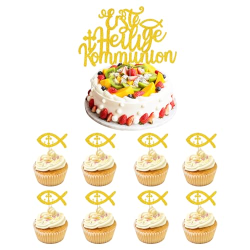 Erste Heilige Kommunion Tortendeko, Cake Topper Kommunion 1 Große Tortenstecker Kommunion und 16 Fisch Muffin Toppers Tortendeko zur Erstkommunion Kommunion für Junge und Mädchen von Qaziuy