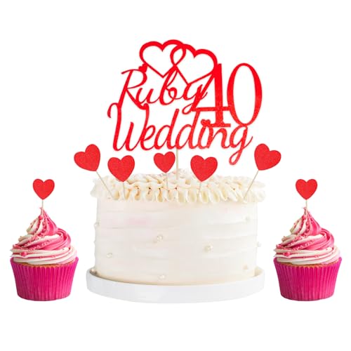 Kuchendekoration zum 40. Hochzeitstag, Rubin-Hochzeitstortenaufsätze mit 24 Herz-Cupcake-Dekorationen, roter Glitzer, Rubinherz, Kuchendekorationen für 40. Hochzeitstag, Partyzubehör Kuchendekoration zum 40. Hochzeitstag, Rubin-Hochzeitstortenaufsätze mit 24 Herz-Cupcake-Dekorationen, roter Glitzer, Rubinherz, Kuchendekorationen für 40. Hochzeitstag, Partyzubehör von Qaziuy