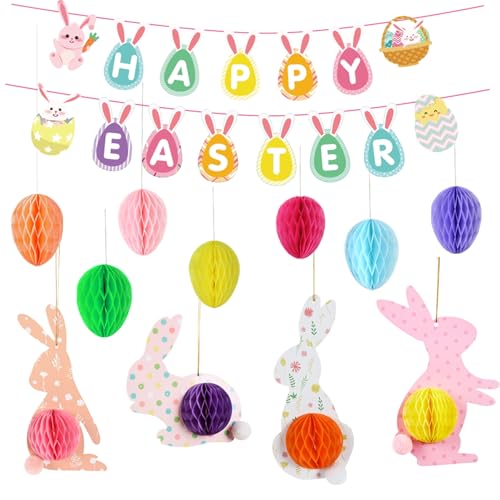 Osterdekoration, Frohe Ostern Banner Osterhase Waben Ostern hängende Dekorationen Osterei Kaninchen Wimpelkette Häschen Wabenpapier Kugel für Ostern Baumschmuck Ostern Party Supplies von Qaziuy