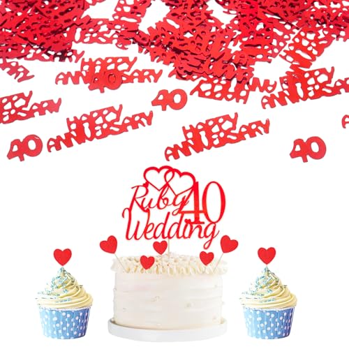 Rubinhochzeitskonfetti & 25 Stück Kuchendekorationen zum 40. Hochzeitstag, Dekoration zum 40. Hochzeitstag, rotes Tischkonfetti, Glitzer, 40. Hochzeitstorten-Dekorationen Rubinhochzeitskonfetti & 25 Stück Kuchendekorationen zum 40. Hochzeitstag, Dekoration zum 40. Hochzeitstag, rotes Tischkonfetti, Glitzer, 40. Hochzeitstorten-Dekorationen von Qaziuy