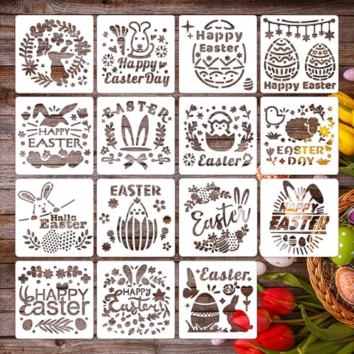 Schablonen Ostern, 15 Stuck Oster Malschablonen Wiederverwendbar Ostern Schablonen Osterei Hase Schablone Frohe Ostern Schablone Basteln Set für Malen Wand Scrapbook Ostern Deko von Qaziuy