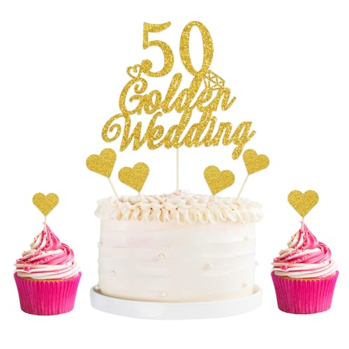 Tortenaufsätze zum 50. Hochzeitstag, glitzernde goldene Hochzeitstortendekoration, Herz-Cupcake-Dekoration für 50. Hochzeitstag, 25 Stück Tortenaufsätze zum 50. Hochzeitstag, glitzernde goldene Hochzeitstortendekoration, Herz-Cupcake-Dekoration für 50. Hochzeitstag, 25 Stück von Qaziuy