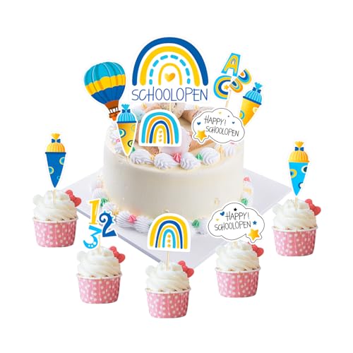 Tortendeko Einschulung Junge, 12 Stück Blau Schulkind Kuchendeko Schulanfang Zuckertüte ABC 123 Kuchen Cupcake Muffin Tortendeko Junge für Schulanfang Party von Qaziuy