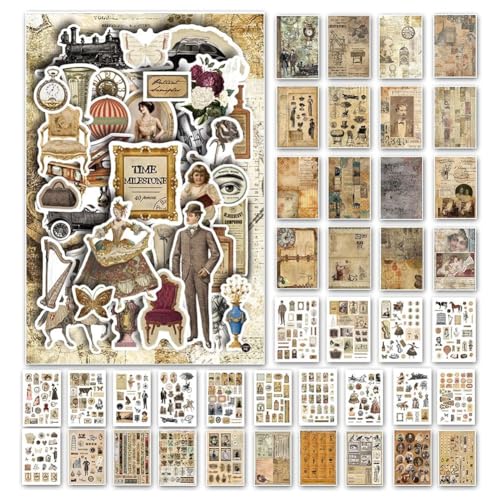 Qbkohphifm Ästhetisches Washi-Stickerpapier im Vintage-Stil für Scrapbooking, 40 Blatt Ephemera-Buch für Art Journaling, A von Qbkohphifm