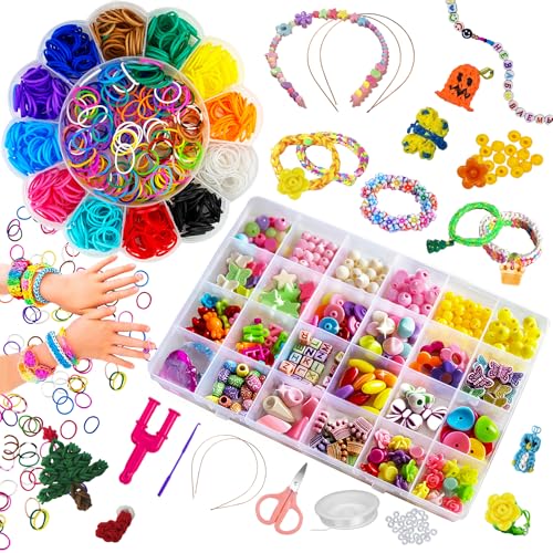 Qcdou 1300+Loom Bänder Set, Bastelperlen zum Auffädeln, Elastisches Bunte Gummibänder Kit Armbänder Selber Machen, 2 Boxen Kinder Erwachsene DIY Armband mit Perlen Haken Charms Aufbewahrungsbox von Qcdou