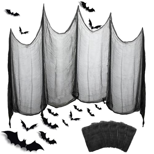 Qcdou Halloween Deko Stoff, 88 Stück Halloween 3D Fledermaus Deko, 5 Pack 190 x 80 Schwarz Gruseliges Gaze Dekogewebe, Wandaufkleber in 7 Verschiedenen Größen, Stoff Horror Outdoor Indoor Party(B) von Qcdou