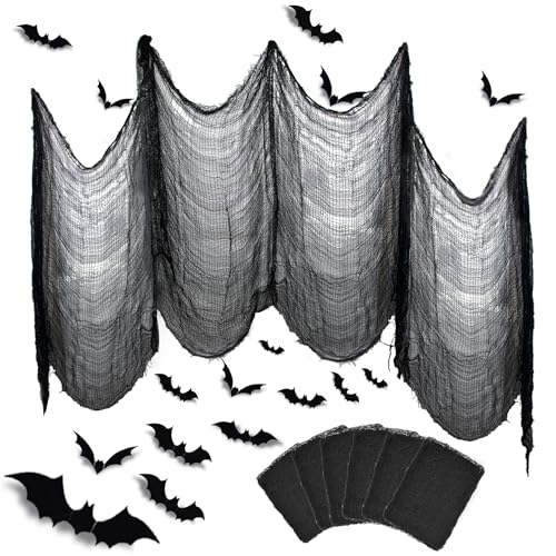 Qcdou Halloween Deko Stoff, 88 Stück Halloween 3D Fledermaus Deko, 6 Pack 183 x 76 Schwarz Gruseliges Gaze Dekogewebe, Wandaufkleber in 7 Verschiedenen Größen, Stoff Horror Outdoor Indoor Party(A) von Qcdou