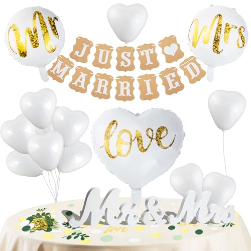 Qcdou Mr & Mrs Deko Hochzeit, 100 Stück konfetti hochzeit, Gold Grün Streudeko, Just Married girlande Deko, Salbei Tischdeko/Hochzeit Buchstaben Folienballon, Hochzeit Dekoration Standesamt Deko von Qcdou