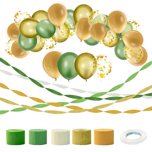 Qcdou Krepppapier, 30 Stück Grüne Luftballons Salbei Gold Weiß luftballons Hochzeitsdeko, Regenbogen Krepppapier -Luftschlangen in 5 Pastellfarben, Geburtstagsfeier/Weihnachtsdekoration(4.5cm*25m) von Qcdou