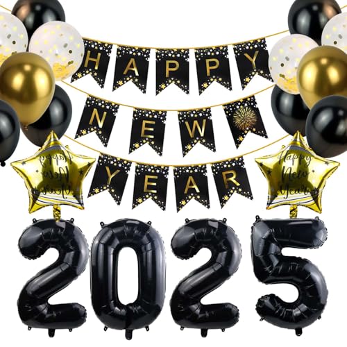 Qcdou Silvester Deko, Neujahrsdeko, Happy New Year Girlande, mit Stern Folienballons, 2025 Nummer Folienballons, Happy New Year Banner, Latexballons, Schwarz Gold Silvesterpartydeko Accessoir von Qcdou