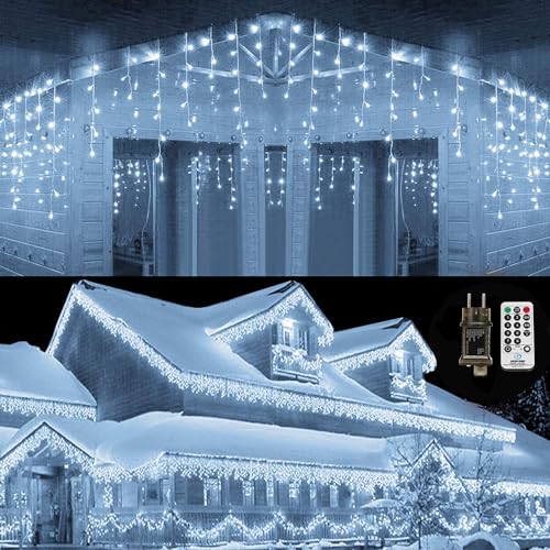 Qedertek Eisregen Lichterkette Außen 10.8M 432 LED Weiß Lichtervorhang Weihnachtsbeleuchtung mit Fernbedienung, Timer, 8 Modi, Wasserdicht Eiszapfen Lichterkette für Balkon Geländer Weihnacht Deko von Qedertek