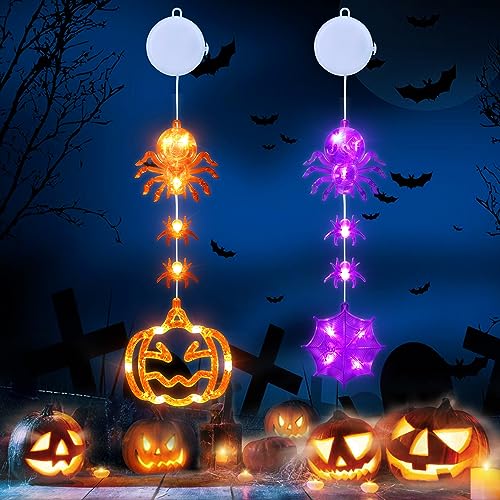 Qedertek Halloween Deko - 2 Stück Halloween Fensterlichter mit Kürbis Spinnen Netz, 2 Modi, Timer, LED Batterie Lichterkette mit Saugnäpfe für Fenster Innen Außen Party Dekorations (Orange&Lila) von Qedertek