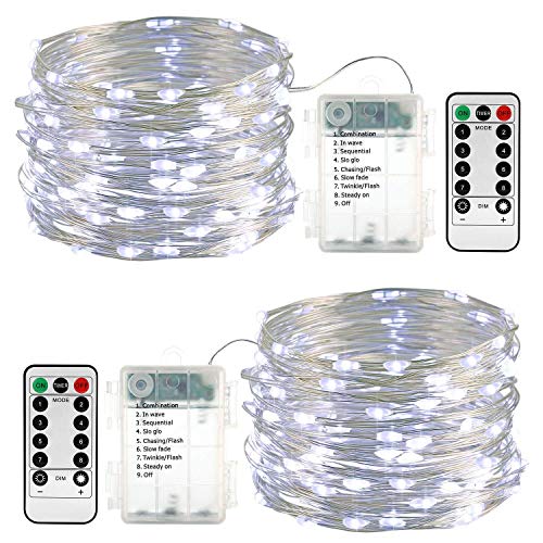 Qedertek Lichterkette Außen Batterie - 2 Stück 100 LED Silberdraht Micro Lichterkette Wasserdicht 10M Lichterkette Weihnachtsbaum Weiß mit Fernbedienung für Außen Innen Garten Hochzeit Balkon von Qedertek