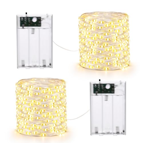 Qedertek Lichterkette Batterie 10M Silberdraht Micro Lichterkette, 2 Stück 100 LED Lichterkette Weihnachtsbaum Warmweiß mit 2 Modi für Innen, Halloween, Weihnachten Party Deko von Qedertek