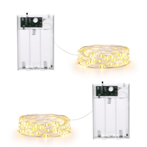 Qedertek Lichterkette Batterie 2M Silberdraht Micro Lichterkette, 2 Stück 20 LED Lichterkette Weihnachtsbaum Warmweiß mit 2 Modi für Innen, Halloween, Weihnachten Party Deko von Qedertek