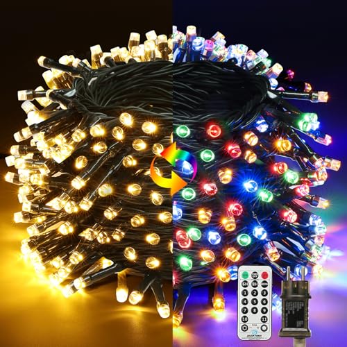 Qedertek Lichterkette Weihnachtsbaum 20M 200 LED Lichterkette Außen Strom Warmweiß Bunt mit Timer Speicherfunktion, Grünes Kabel, Wasserdicht 11 Modi Weihnachtsbeleuchtung für Garten Weihnachten Deko von Qedertek