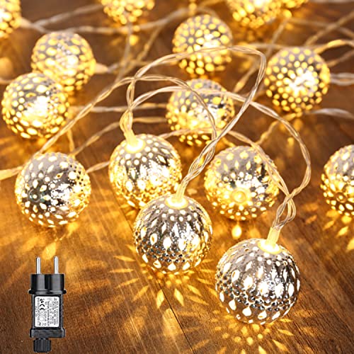 Qedertek Lichterkette außen 7M 20 LED, Weihnachtsbeleuchtung außen 8 Modi mit Timer, Warmweiß Lichterkette Innen mit Stecker, Kugeln Weihnachtsbeleuchtung für Zimmer Weihnachtsdeko Weihnachtsbaum von Qedertek