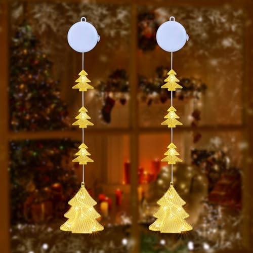 Qedertek Weihnachtsbeleuchtung Fenster Innen, 2 Stück Christbaum Fenster Beleuchtet mit Batteriebetriebene, Timer, 2 Modi, Warmweiß LED Lichtervorhang für Kinderzimmer Hochzeit Party Weihnachten Deko von Qedertek