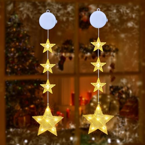 Qedertek Weihnachtsbeleuchtung Fenster Innen, 2 Stück Stern Fenster Beleuchtet mit Batteriebetriebene, Timer, 2 Modi, Warmweiß LED Lichtervorhang für Kinderzimmer Hochzeit Party Weihnachten Deko von Qedertek