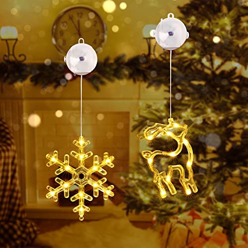 Qedertek Weihnachtsbeleuchtung Innen, 10 LED Lichtervorhang Warmweiß Batteriebetriebene mit Saugnäpfe, Timer, Fenster Lichterkette für Weihnachten Deko, Party, Hochzeit (Schneeflocke & Elch) von Qedertek