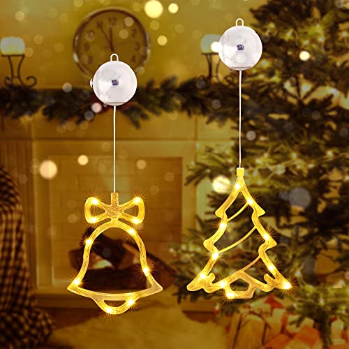 Qedertek Weihnachtsbeleuchtung Innen, 10 LED Lichtervorhang Warmweiß Batteriebetriebene mit Saugnäpfe, Timer, Fenster Lichterkette für Weihnachten Deko, Party, Hochzeit (Weihnachtsbaum & Glocke) von Qedertek