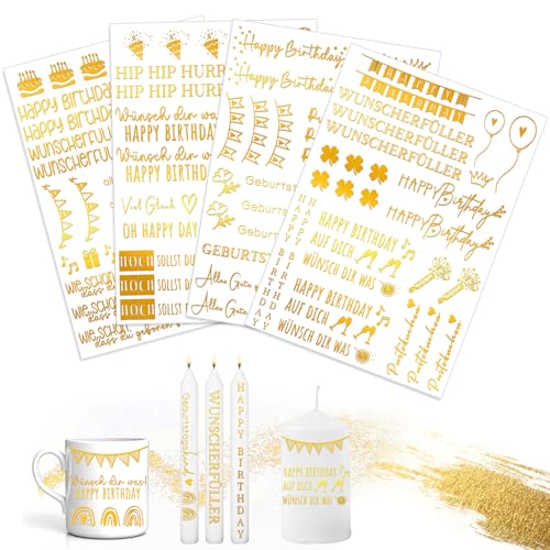 Qeioauek Kerzentattoos Geburtstag,6 Stück A5 Golden Kerzenfolie METALLIC,Kerzentattoo Wassertransferdruck,Kerzen Tattoofolie,Geburtstag Kerzenfolie,Happy Birthday,für Kerzen/Keramik(Geburtstag) von Qeioauek