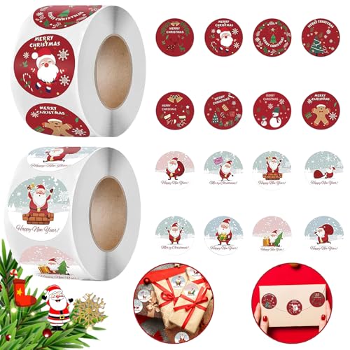 Qeioauek Sticker Weihnachten Etiketten,1000 Stück Geschenkaufkleber Selbstklebend,Merry Christmas Sticker,Weihnachtsaufkleber Auf Rolle,Weihnachtssticker,Weihnachten Geschenk Dekorieren Aufkleber von Qeioauek