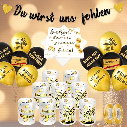 Rente Deko, Ruhestand Luftballons, Servietten Ruhestand,Rentner Geschenk Windlicht Tischdeko , Du Wirst Uns - Banner, für Männer Frauen Renteneintritt Pensionierung Abschied Party von Qeioauek