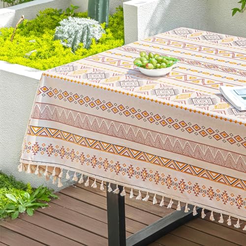 Qelus Outdoor Tischdecke Abwischbar, 140 * 200cm Rechteck Gartentischdecke, wasserdichte Tischtücher Boho mit Quasten, Garten Tischtuch Table Cloth für Außen und Innen Balkon Küche, Bunte, 1 Stück von Qelus