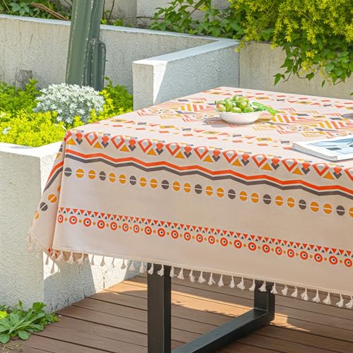 Qelus Outdoor Tischdecke Abwischbar, 140 * 200cm Rechteck Gartentischdecke, wasserdichte Tischtücher Boho mit Quasten, Garten Tischtuch Table Cloth für Außen und Innen Balkon Küche, Bunte A, 1 Stück von Qelus