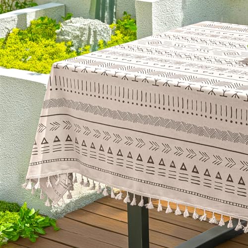 Qelus Outdoor Tischdecke Abwischbar, 140 * 200cm Rechteck Gartentischdecke, wasserdichte Tischtücher Boho mit Quasten, Garten Tischtuch Table Cloth für Außen und Innen Balkon Küche, Grau, 1 Stück von Qelus