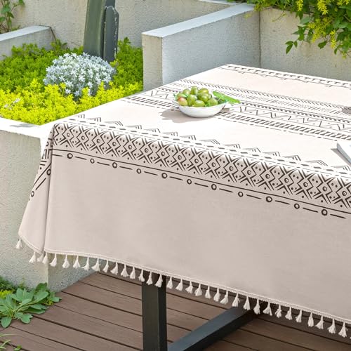 Qelus Outdoor Tischdecke Abwischbar, 140 * 200cm Rechteck Gartentischdecke, wasserdichte Tischtücher Boho mit Quasten, Garten Tischtuch Table Cloth für Außen und Innen Balkon Küche, Grau A, 1 Stück von Qelus