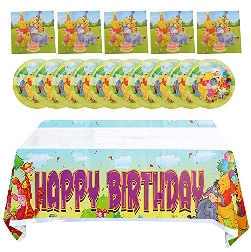 Qemsele Partygeschirr Kindergeburtstag Set für Kinder, 1 Tischdecke + 20 Hochwertige Pappteller und 20 Servietten Party Set Partydekoration für den Kindergeburstag Thema Karneval (Pooh) von Qemsele