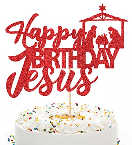 Qerleny Happy Birthday Jesus Cake Topper Rot Glitzer Jesus Geburtstag Kuchen Dekorationen Guter Freitag Tortendeko Ostern Party Dekorationen Weihnachten Party Dekoration Supplies von Qerleny